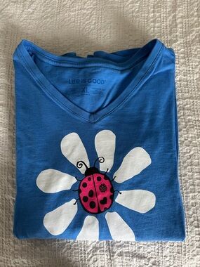 Life Is Good Blue Long Sleeve Crusher V-Neck Tee Lady Bug - XL